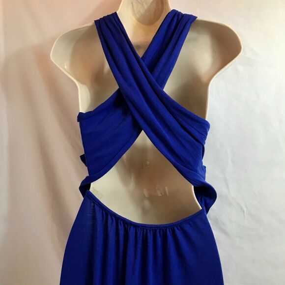Poof Couture Dress Womens M Crisscross Maxi Electric Blue Long Slit Glamcore - Picture 5 of 11